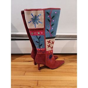 Patchwork Suede Knee-High Ankle Boots in Red and Blue